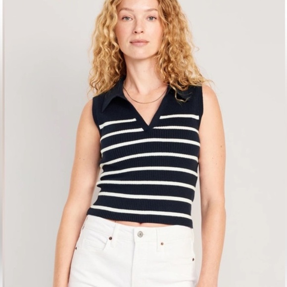 Old Navy Tops - Old Navy Sleeveless Rib-Knit Striped Cropped Polo Collared Top Navy White Size L